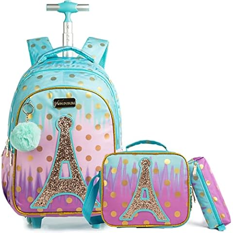 Egchescebo School Bags Kids Rolling Backpack for Girls Luggage Suitcase With Wheels Trolley Wheeled Backpacks for Girls Travel Bags 3PCS Cat Backpack With Lunch for kids Sky Blue Bags Cover