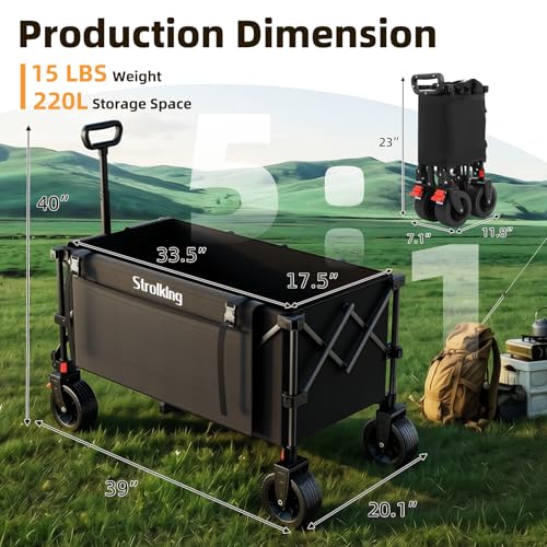 Image of 220L Collapsible Wagon Cart, 39 inch L Extended Frame and 440Lbs Heavy Duty, Lightweight 15lbs Folding Garden Cart with Silent All-Terrain Wheels for Beach, Camping Grass and Grocery, Black