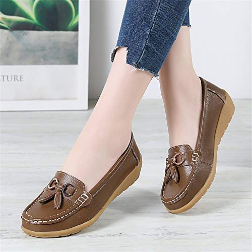 Image of Women Loafers Leather Rubber Sole Slip On Walking Flats Casual Moccasin Boat Shoes