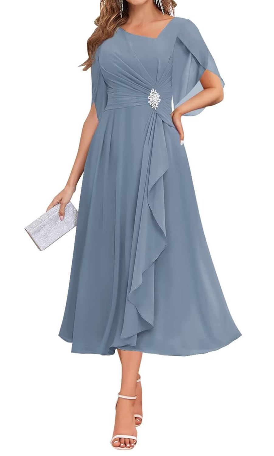 Kurface Women's Dusty Blue Classy Mother Of The Bride Dresses For With Sleeves Boat Neck Elegant Chiffon Wedding Guest Dress Uk16