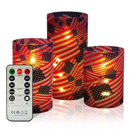 Image of NJAO HOO Flickering Flameless Candles, LED Candles 3D Wick Acrylic Battery Operated LED Pillar Candles with Remote and Timer for Day 4th of July Decor Set of 3(American Flag)