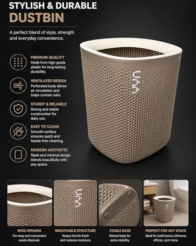 Image of Kriva Plastic Mesh Waste Bin with Airflow Design, Small Round Trash Can for Office Desk, Bedroom, Bathroom & Kitchen Use(1Pc, Taupe Grey color)