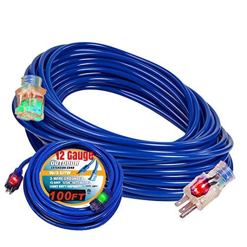 12/3 Extension Cord 100 ft Outdoor Indoor Heavy Duty 100 ft Extension Cord 12/3 12 Gauge Extension Cord 100 Foot Lighted 15 Amp 1875 Watts 12 Gauge Extension Cord 100 ft 12 Gauge (Blue, 100 ft)