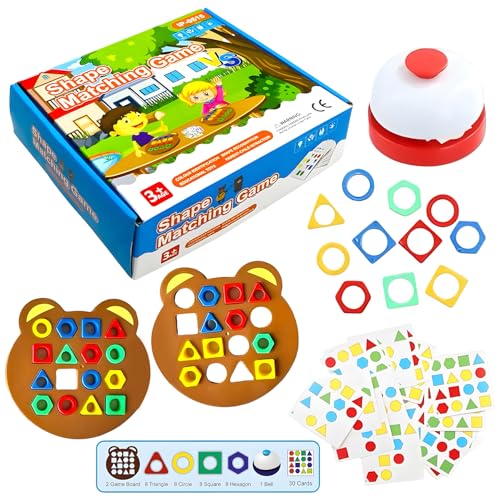 Image of WISHKEY Geometric Shape Matching Board Game for Kids 3-5 Years with Bell - Color Sorting, Shape Recognition Puzzle, Brain Development Educational Toy with 30 Cards & 32 Blocks for Preschool Learning