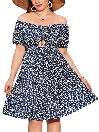 Image of SOLY HUX Women's Plus Size Summer Dresses Off Shoulder Floral Print Short Sleeve Cut Out Tie Front A Line Short Dresses Blue Floral 2XL