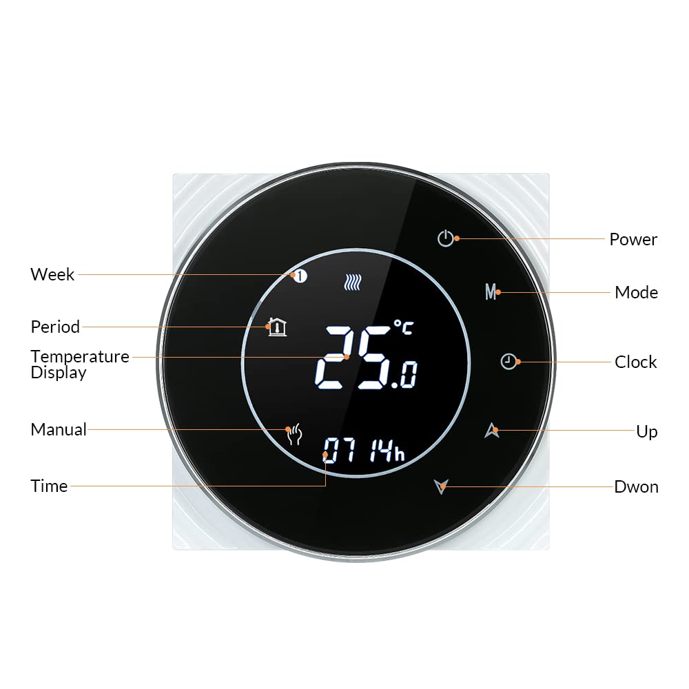 Decdeal Raumthermostat Gaskesselheizung WiFi Runde LCD Touchscreen Programmierbare Thermostat mit Hintergrundbeleuchtung 0.5 ° C Genauigkeit Sprachsteuerung App Fernbedienung