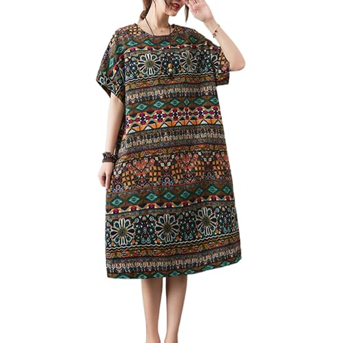 Image of LUZU JUNU Women's Summer Baggy Plus Size Loose Cotton Linen Long Boho Beach Dress with Pockets