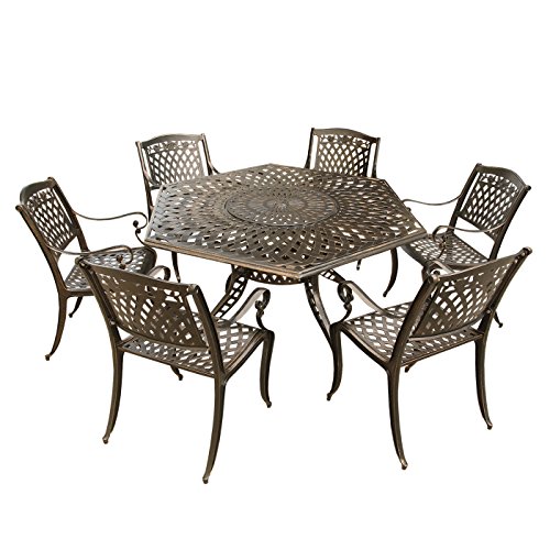 Image of Oakland Living Rose Contemporary Modern and Ornate Traditional Outdoor Mesh Lattice Aluminum 63 inch Bronze Hexagon Dining Set with Lazy Susan and Six Chairs