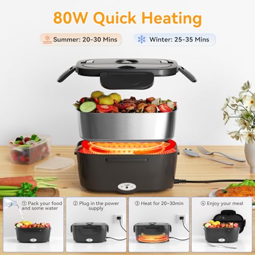 Image of Vingud Electric Lunch Box for Adults, Heated Lunch Box Food Warmer, 80W Portable Heating Lunchbox for Men /Car /Truck with 1.5L Stainless Steel Container, 12V /24V /110V Lonchera Electrica Portatil Gift