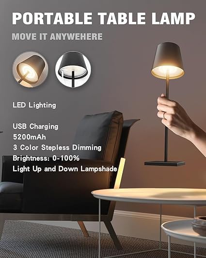 Image of Modern LED Table Lamp Rechargeable, Dimmable, Touch Control, Portable Desk Lamp for Home, Office, and Bedroom Black Metal Finish | 1 PCS