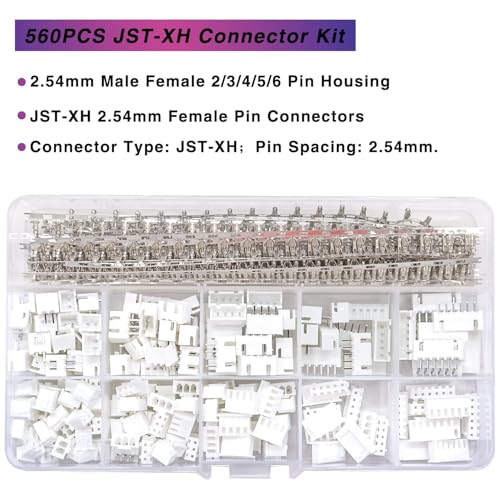 Image of 560PCS 2.54mm JST-XH Connector Kit 2.54mm 2 /3 /4 /5 /6 Pin Housing Female and Male Adapter Cable Connector Plug,JST Connector Female Pin Head Connector Adapter Plug