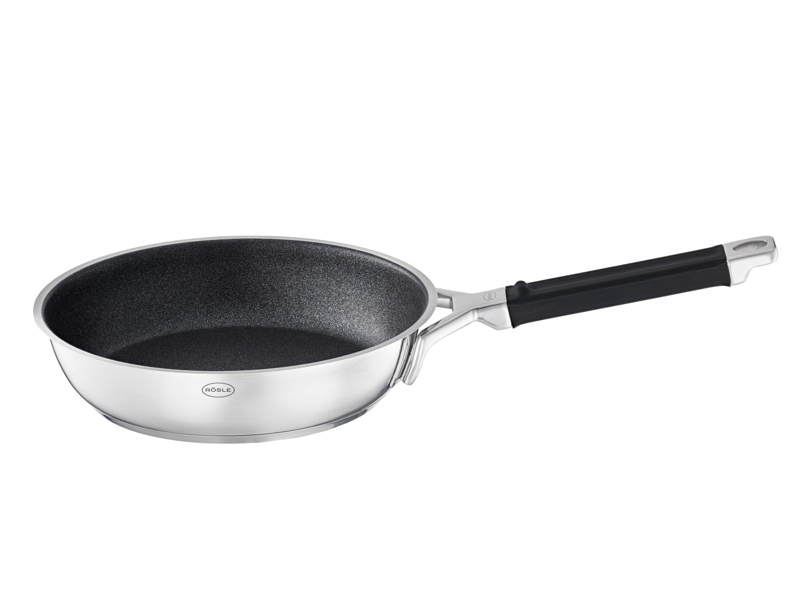 RÖSLE SILENCE PRO Bratpfanne, Pfanne mit kratzfester Premium-Antihaftversiegelung ProResist, Silikongriff, 28 cm, Edelstahl 18/10, induktionsgeeignet, spülmaschinengeeignet, Silberfarben/Schwarz