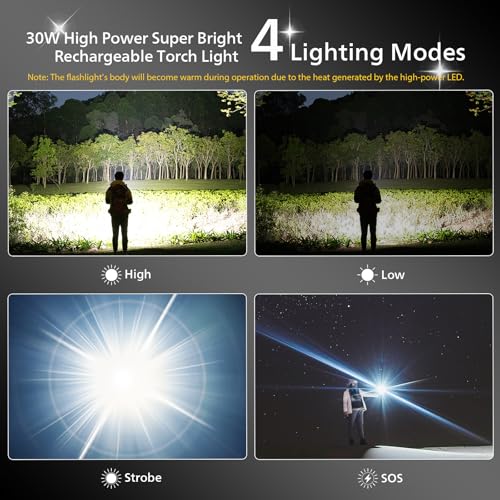 Image of Philips Torch Rechargeable, 30W Torch Light High Power, 1450 Lumens Super Bright Flashlight, 690M Coverage, 2200mAh Battery, Telescopic Zoom, Aircraft Aluminum Body, LED Flash Emergency Light