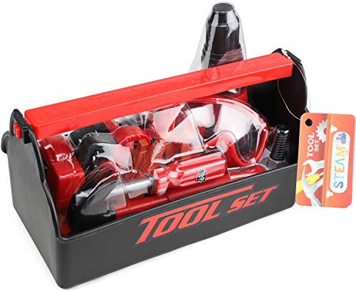 STEAM Life Kids Tool Set with Power Toy Drill - Toy Tool Set Contains Tool Box and Toy Hammer, Goggles, Power Drill and 11 More Play Tools (Red)