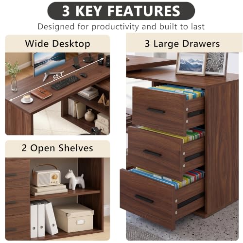 Image of HSH Walnut L Shaped Desk Corner Desk with 3 Storage Drawers 55 inch