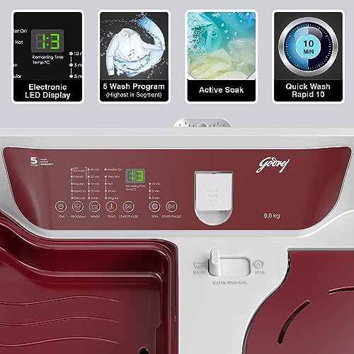 Image of Godrej 9 Kg 5 Star Semi-Automatic Top Load Washing Machine Appliance, More Than 99.99% Disinfection Against Viruses (WSEDGE DIGI 90 5.0 PB2 M WNRD, Wine Red)
