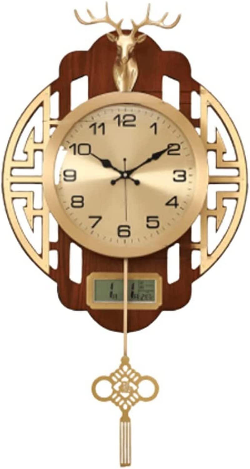 SaryEdge Wall Clock Art Large Wall Clock Metal Wall Clock with Date,Month,Day of Week Silent Non-Ticking Operated Clock with Pendulum Creative Deer Decor Wall Decor Clock,-I,G-B,G-B