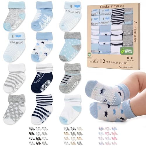 Image of GOTS Certified Organic Cotton Rich Blend Baby Socks 12 Pairs For 0-6 (M) Baby Boy Soft, Stretchable & Breathable Infant Socks, Cute Little Newborn Socks, Baby Registry Essential, Blue