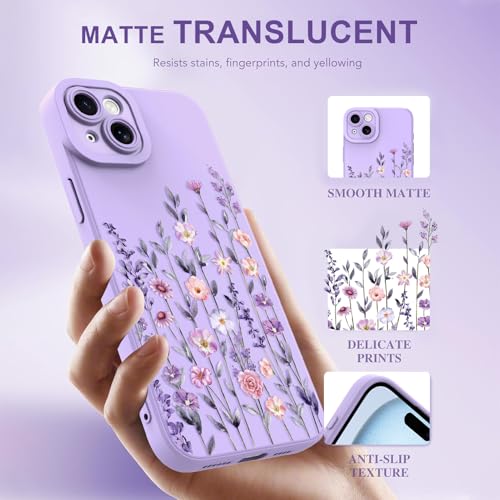 Image of Designed for iPhone 15 Case Flower for Women Girls, Purple | Cute Floral Pattern Liquid Silicone Phone Case [Full Camera Protection] Slim Soft TPU Protective Cover