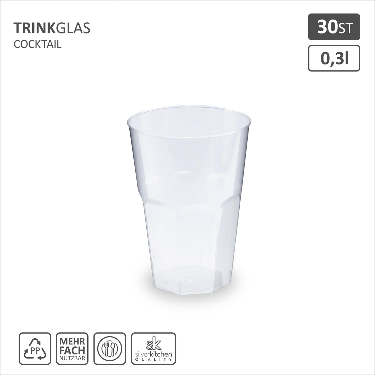 30 x kubek koktajlowy 300 ml – nietłukące się kubki wielokrotnego użytku do koktajli, szklanki do long drinków, przezroczyste z tworzywa sztucznego PP Made in Germany silverkitchen
