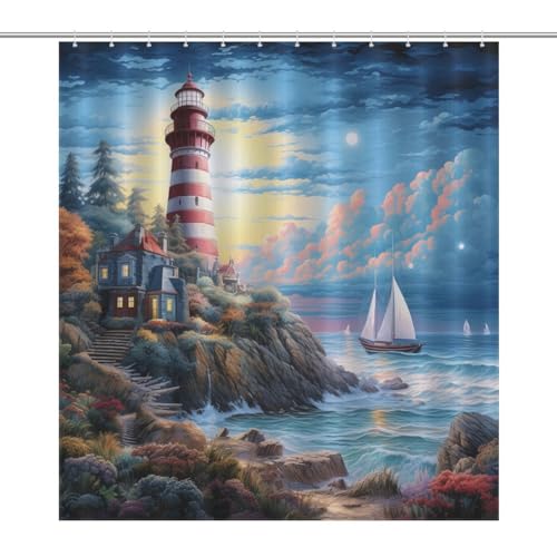Rideau de douche phares côtiers tissu polyester lavable baignoire - 7