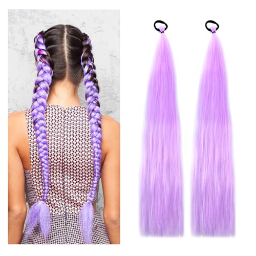Paquete de 2 extensiones de cabello morado de 28 pulgadas, extensiones de cabello morado claro con lazo elástico, trenzas largas y rectas, para vacaciones, fiestas, festivales, bricolaje, cosplay
