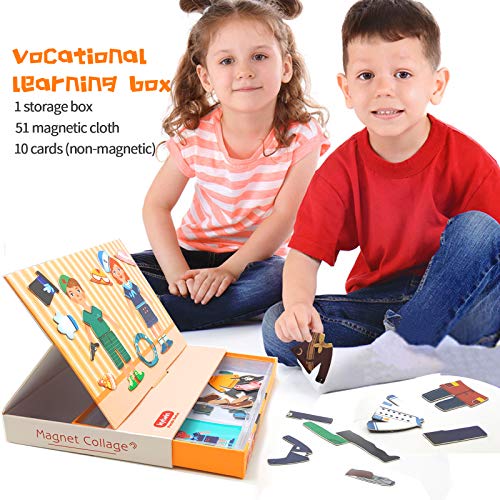 Magnetic Puzzles Toys, Dress Up Paper Dolls Profession Playset, 72 Pcs Magnetic Costumes Pretend Play, Included 10 Well-Matched Dresses, Travel Game Preschool Educational Learning Toy Gift for Kids