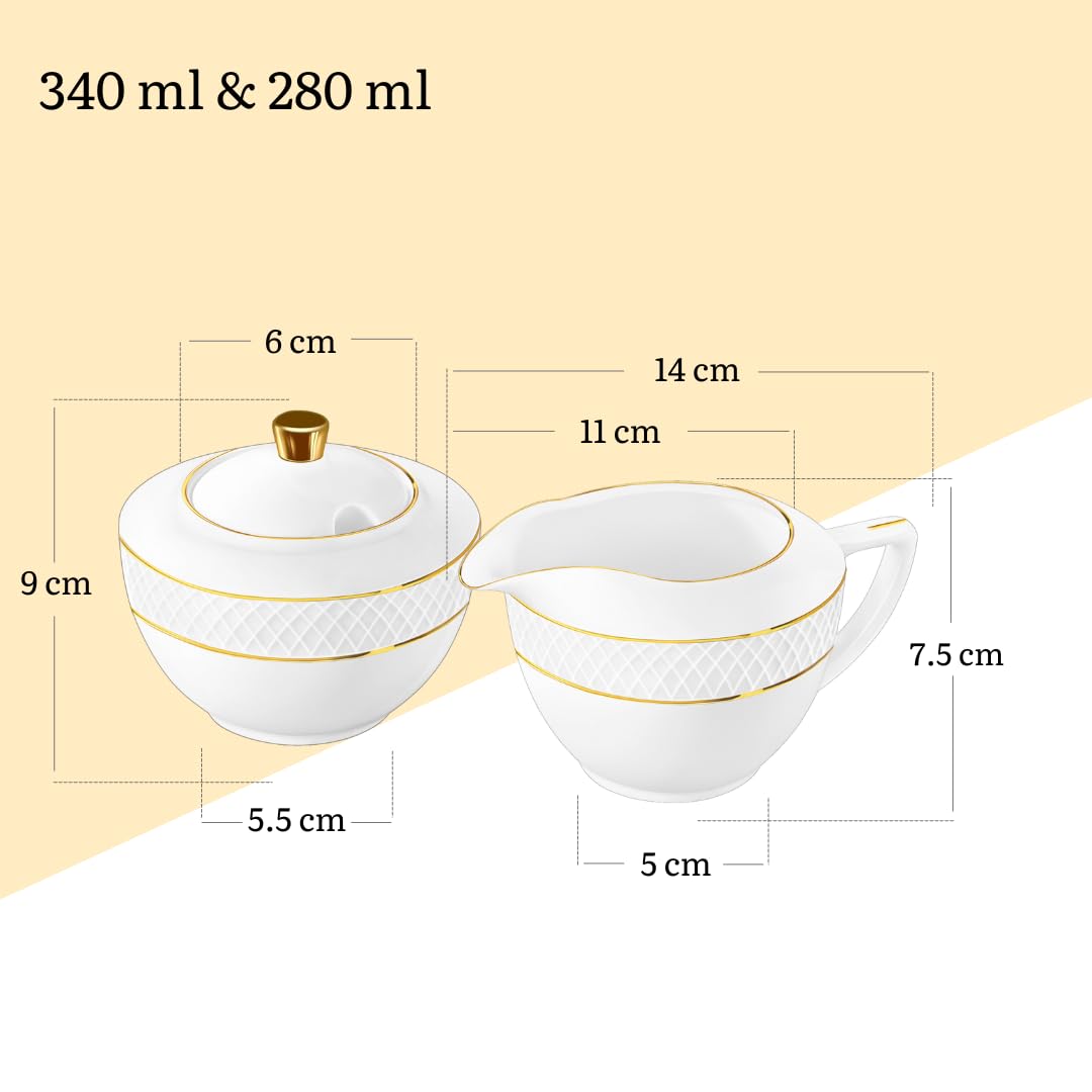 Wilmax – Azucarero + Juego de jarra de leche – 2 piezas – Recipiente para leche y azúcar de porcelana con patrón dorado – Blanco – Dispensador de azúcar con tapa – Servicio de café para leche, café y