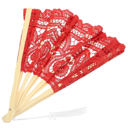 STOBAZA Abanico de Mano Plegable Vintage de Bambú Encaje Rojo, Ventilador Portátil para Bodas y Decoración, Accesorio Elegante para Fiestas y Baile, 1 Unidad