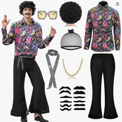 Costume hippie disco avec pantalon clochette extensible et accessoires rétro - 2
