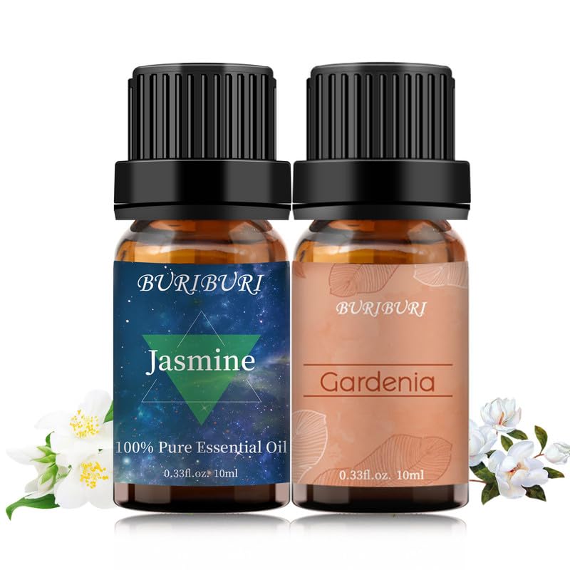 BURIBURI Jasmine Oil and Gardenia Essential Oils Gift Set, 100% Pure, Undiluted, Natural, Organic Aromatherapy Jasmine Essential Oils for Diffuser, Massage, 10MLx2