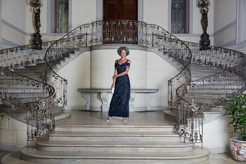 Image of Alex Evenings Women's Long Cold Shoulder Dress, Mother of The Bride, Formal Events, Dark Navy Glitter, 10 Petite