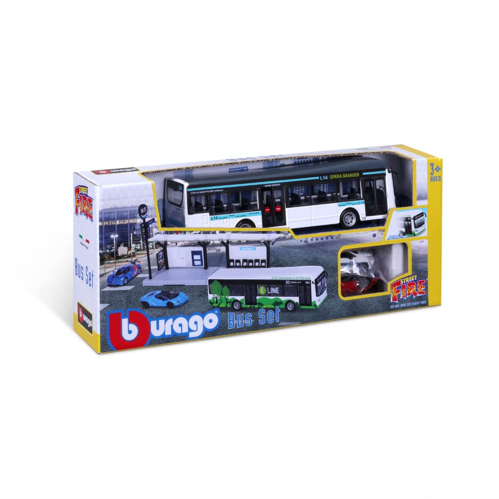 BBURAGO 1/64 TRASPORTI PUBBLICS - Playset City Bus + Station + 2 veicoli, blu o verde