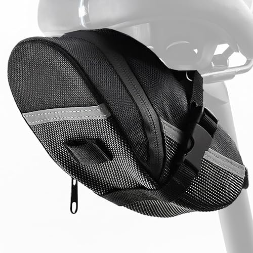RidingRush Bike Bag Under Seat Waterproof Bicycle Saddle Bag with Reflective Strip Compact Under Seat Bike Pouch for Road & Mountain Bikes (Black)