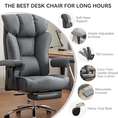Efomao Big and Tall Office Chair 450LBS with Foot Rest, High Back PU Leather Executive Chair with Adjustable Padded Armrests, Lumbar Support for Home or Work, Heavy Duty Computer Chair, Grey