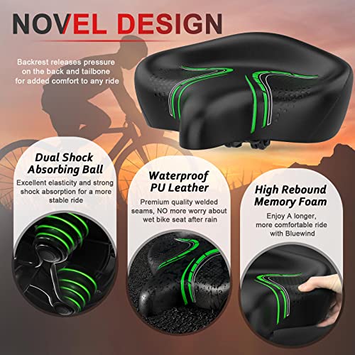 Image of Bluewind Oversized Bike Seat, Wide Bicycle Saddle Novel Backrest Design Durable Leather Surface Compatible with Peloton, Universal Fit Exercise or Road Stationary Bike Seat Cushion for Men & Women (GN