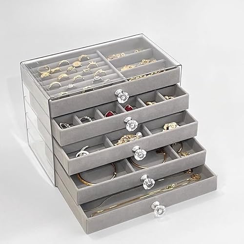Fiyyugaジュエリーボックス アクセサリー収納 小物収納 透明アクリル レディース ジュエリートレイ 引き出し付き イヤリング ネックレス ブレスレット リング (グレー,通常)