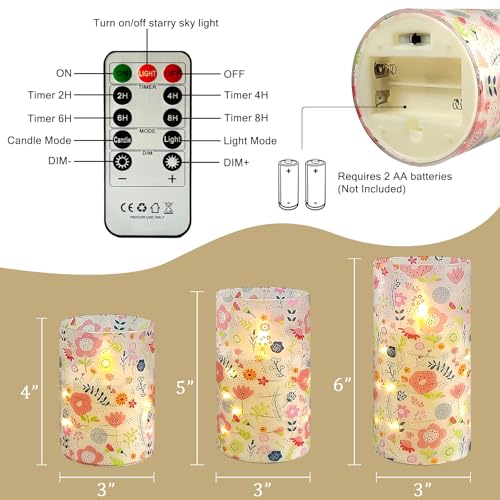 Image of Floral Flickering Flameless Candles, Recessed String Light LED Candles 3D Wick Acrylic Battery Operated LED Pillar Candles with Remote and Timer for Spring Decor Set of 3(Cute Floral)