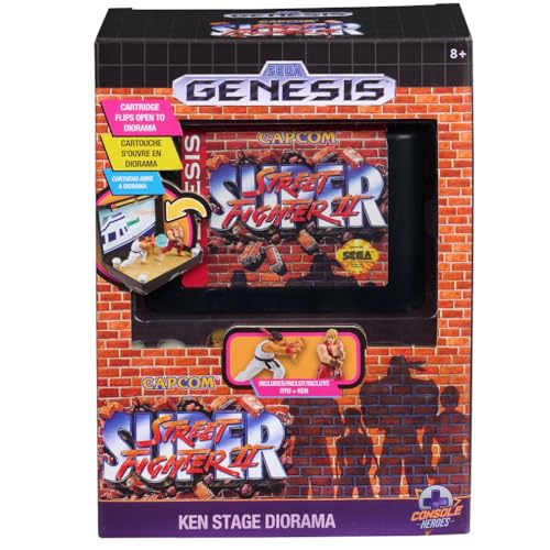 Image of Console Heroes Super Street Fighter II Collectible Diorama - Mini Ryu & Ken Figures with Dock Stage Scene - Retro SEGA Genesis Cartridge Display & Playset