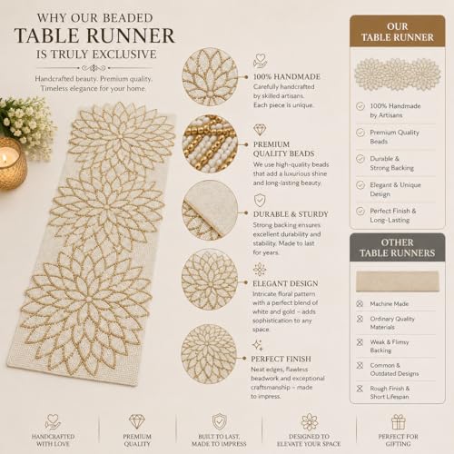Image of Beautiful Pearl Cream Gold Beaded Table Runner Craftsmanship, Pack of 1 (13 x 36 Inches) - Multi-Flower Colorful Festival Table Runner for Thanksgiving & Occasional Decoration