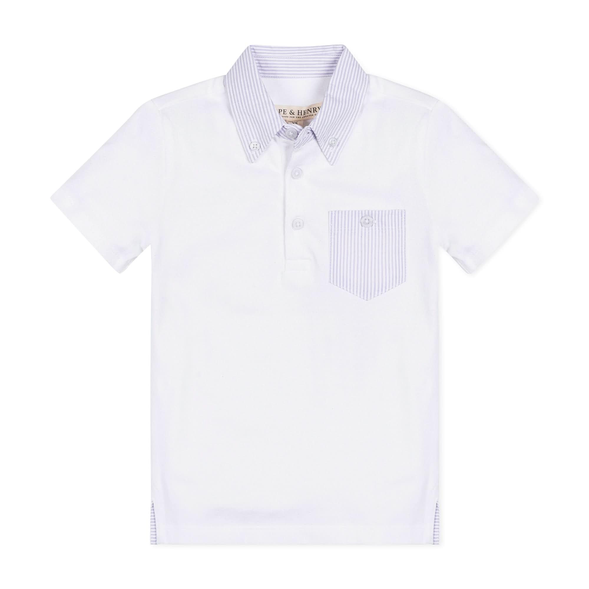 Hope & Henry Baby Boys' Organic Short Sleeve Jersey Polo with Seersucker Trim, 18-24 Months, White with Lavender Seersucker Trim