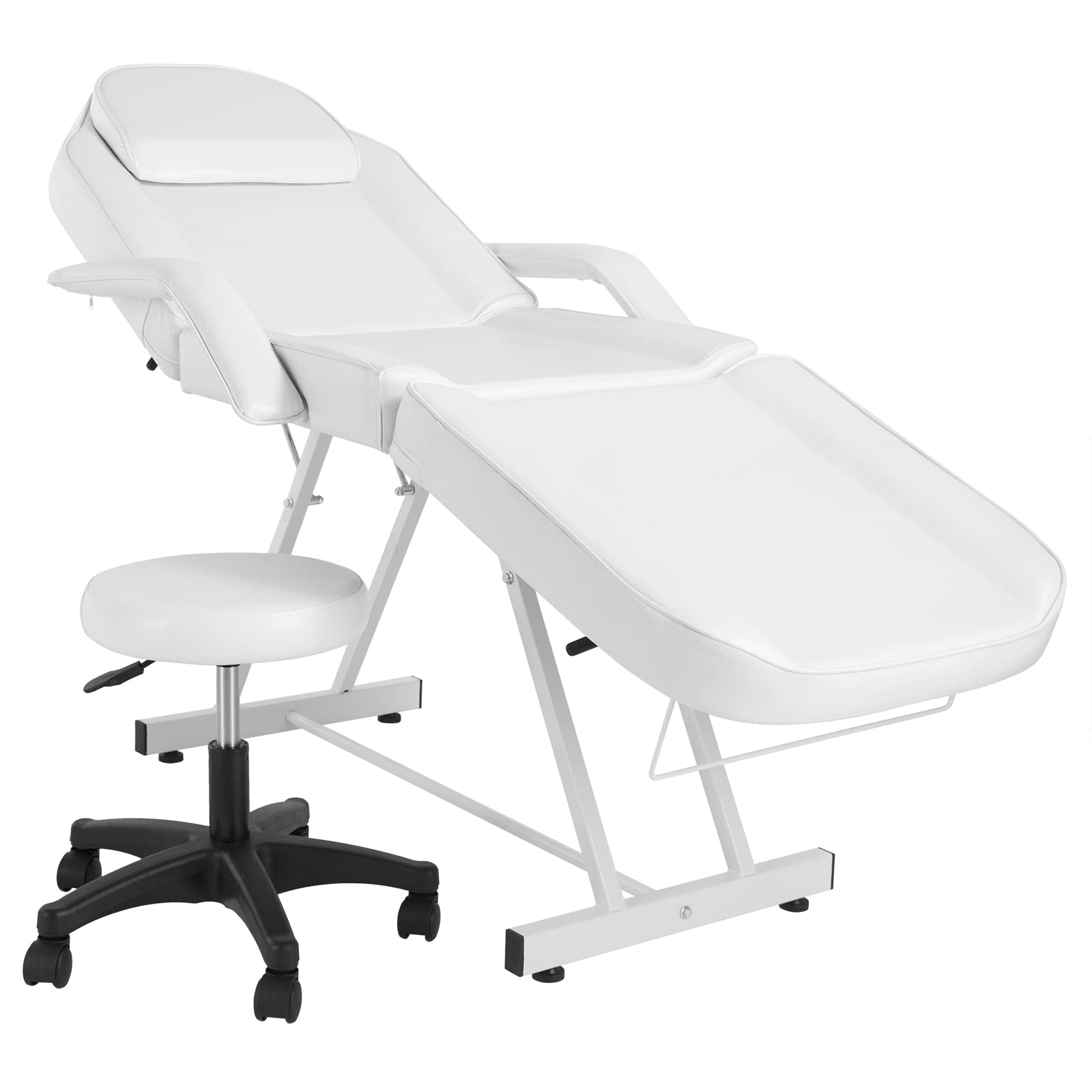Bonnlo Verstellbare Massageliege Kosmetikliege Tattooliege, Kosmetikstuhl mit Rollhocker Drehhocker für Salon Spa Schönheitssalon Ausrüstung Weiß