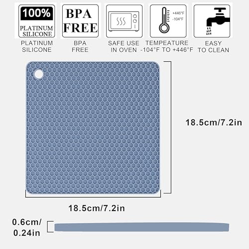 Image of 4 Pack Silicone Trivet Mat, Silicone Trivets for Hot Pots and Pans, Non-Slip & Heat Resistant Silicone Hot Pad for Kitchen Counter Mat Set, Soft Drying Mat, Jar Opener and Coasters, Square, Blue