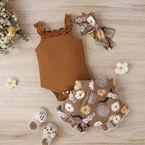 Infant Baby Girl Summer Clothes Set Solid Color Off Shoulder Romper Tops Bull Print Shorts Head Band 3Pcs Infant Outfits4