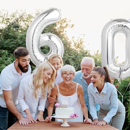 Image of Number Balloons Silver Party Balloon - Giant Number 60 Balloon, 40 Inch Large Balloon for 60th Birthday Decorations, Silver Party Supplies for Anniversary
