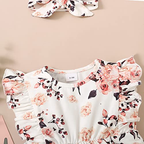 Toddler Girl Romper Toddler Kids Girls Infant Fly Sleeves Floral Lace Romper Jumpsuit Hairband Set (Pink, 12-18 Months)4