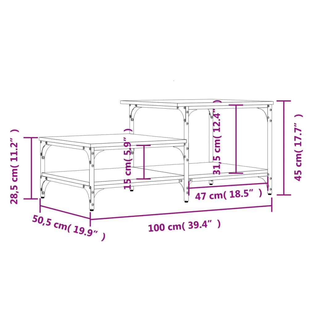 Mesa de centro negra 100 x 50,5 x 45 cm, moderna mesa de salón con 3 estantes y estructura de metal, mesa auxiliar de diseño industrial de madera, elegante mesa de sofá para salón