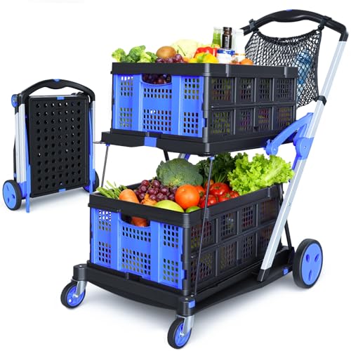 Collapsible Shopping Cart with Wheels, 2 Storage Crates & 1 Storage Bag, 200 lbs Capacity Multi Use Functional Grocery Cart, Space-Saving Design for Home/Office/Picnic