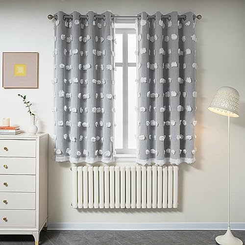 Image of MYSKY HOME Grey Curtains for Bedroom 63 Inch Long Curtains for Kids Room Double Layer Nursery Curtains White Pom Pom Sheer Dining Room Grommet Room Darkening Window Curtains 2 Panels Set, 52 x 63 in