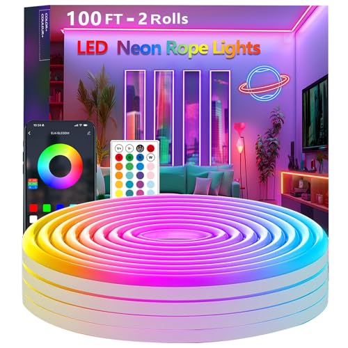 Bvokon 30m/100Ft LED Neon Seillichter Steuerung mit App/Fernbedienung Musik Sync Flexibles LED Seillicht Mehrere Modi IP65 Outdoor RGB Neonlichter Wasserdicht